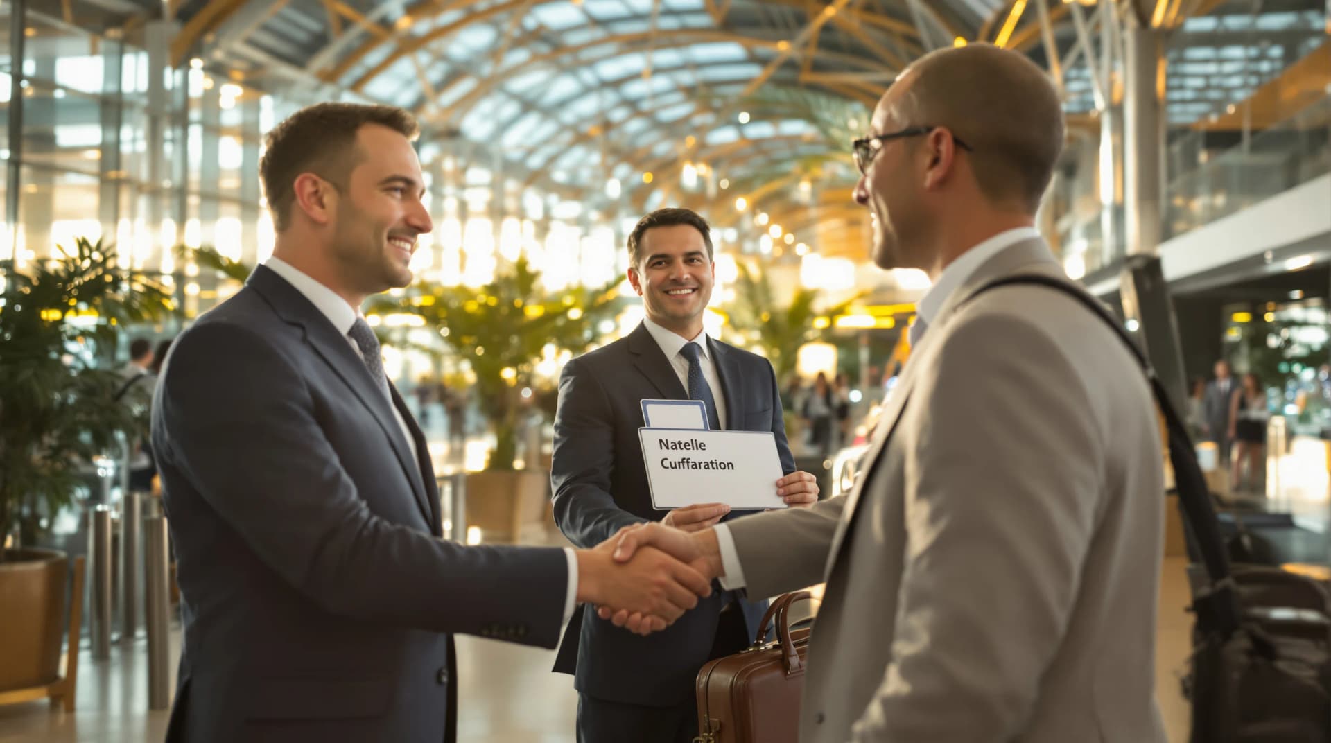 Executive arriving at modern Brazilian airport terminal with professional chauffeur holding name sign