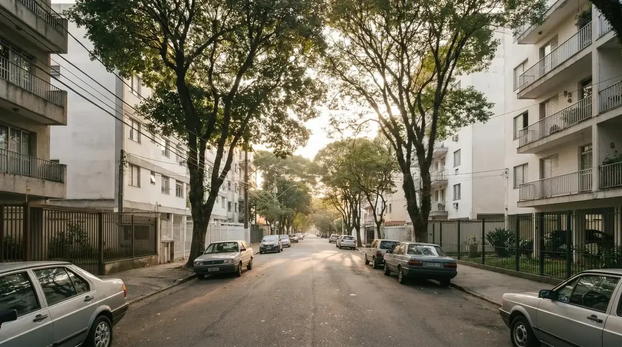 Typical daytime residential street in São Paulo Zona Oeste with mid-rises and sidewalk trees