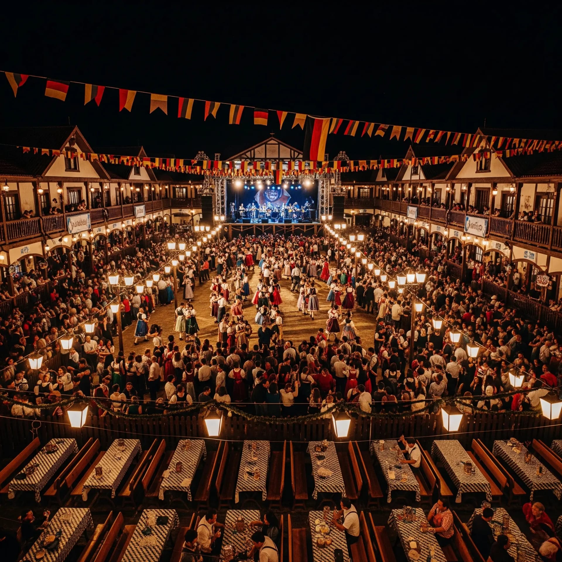 Rua Quinze de Novembro in Blumenau on opening day — bunting standing, tables lined up before the gates open