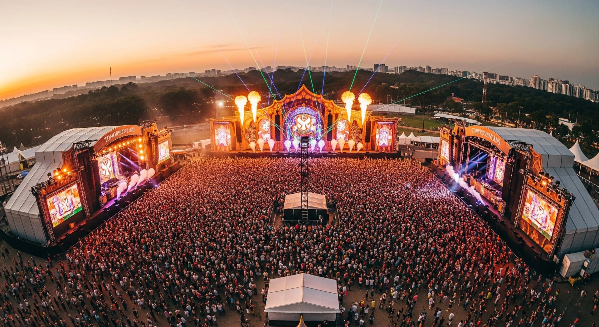 The Tomorrowland Brasil main stage at night — lights in rehearsal before the gates open
