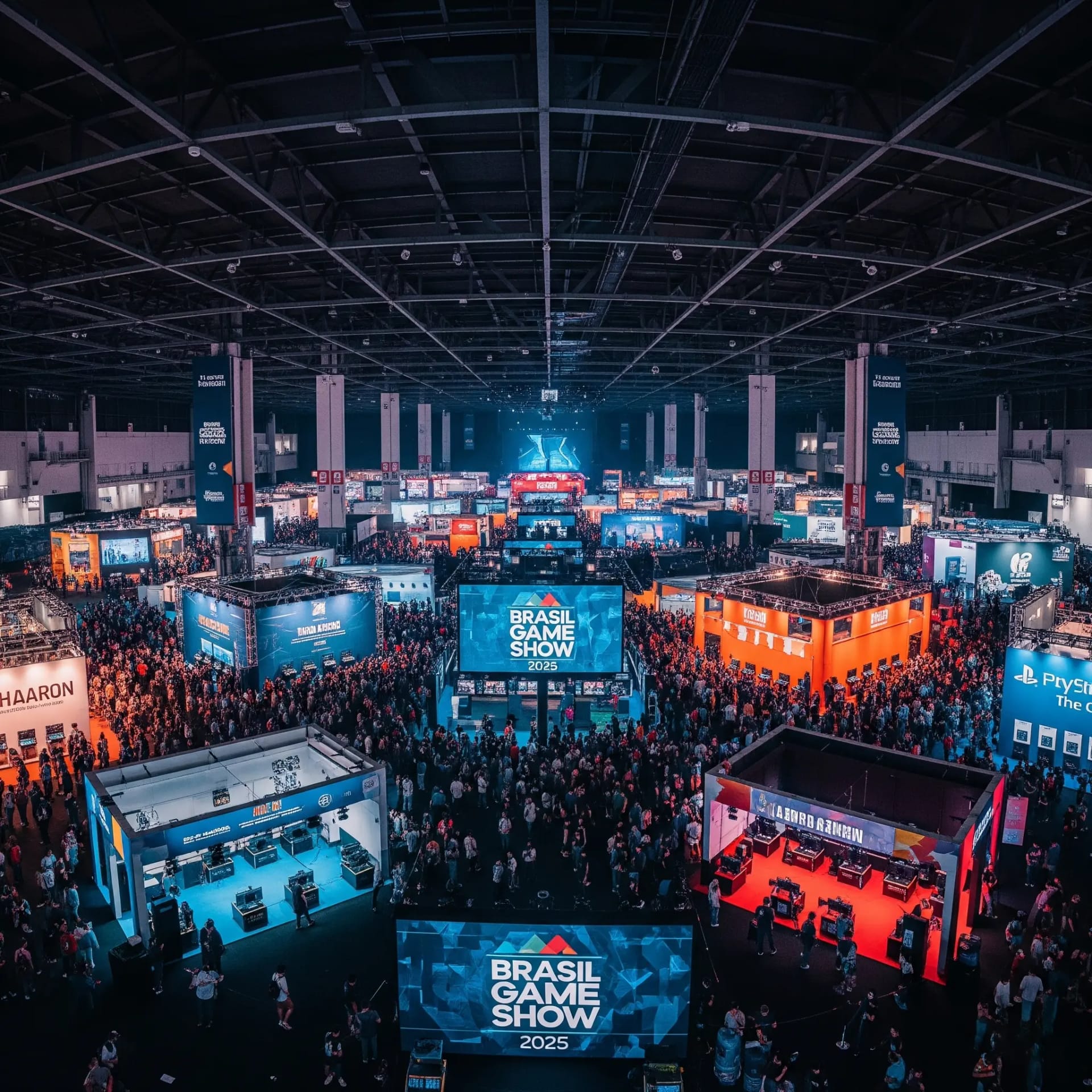 The Brasil Game Show main stage before doors open — lights in rehearsal, exhibition aisles still empty