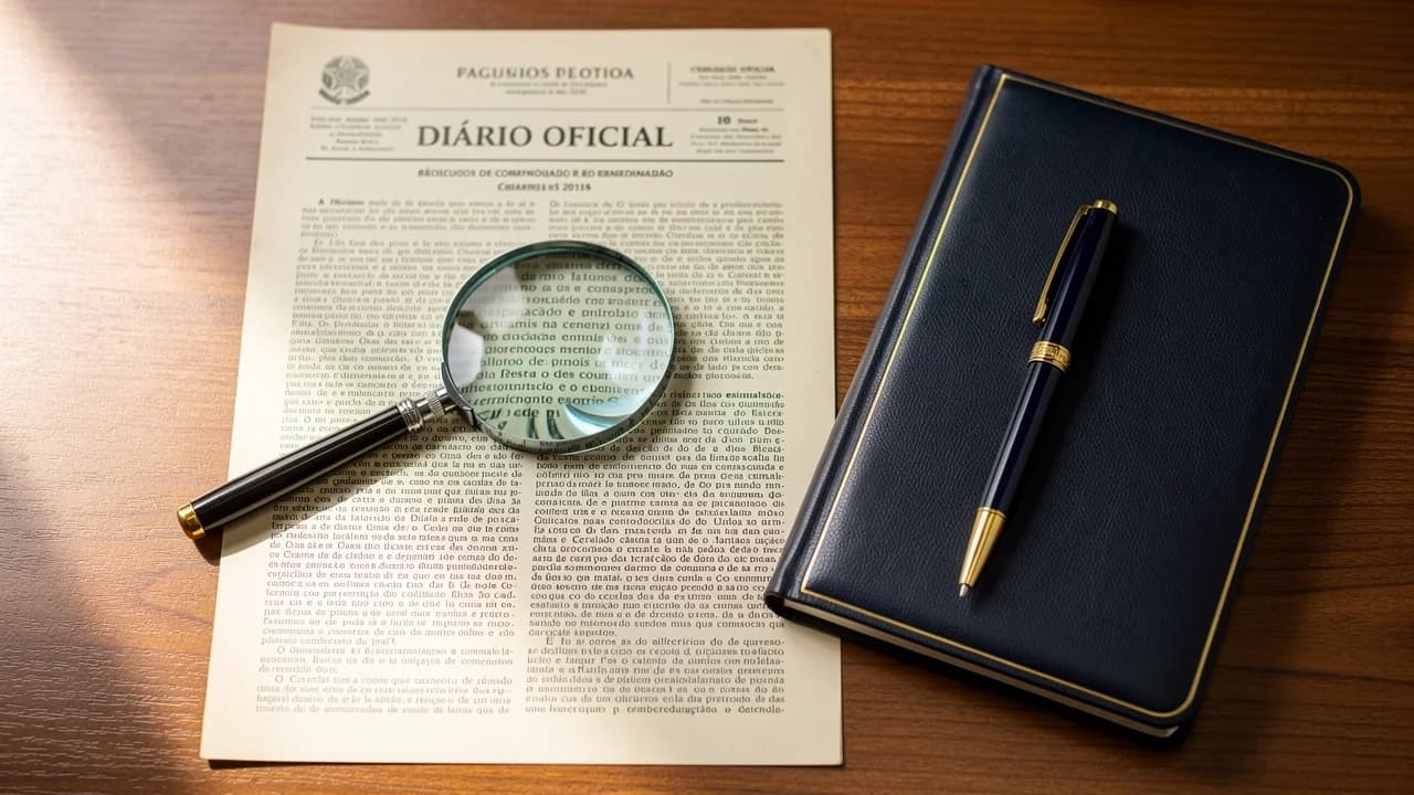 Office desk with open Brazilian regulatory bulletin, magnifier, and audit notebook