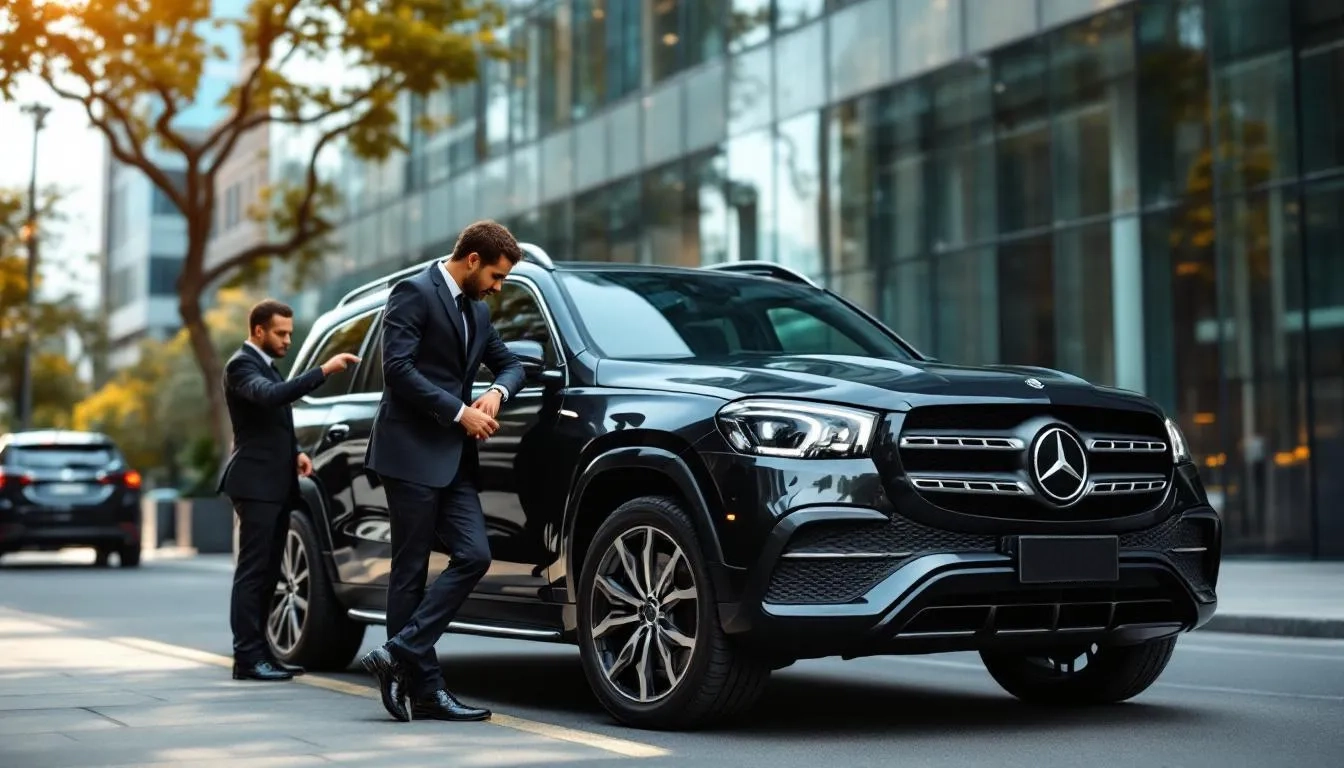 Discrete ballistic-equipped luxury SUV with Brazilian security specialists conducting perimeter check in São Paulo Jardins business district