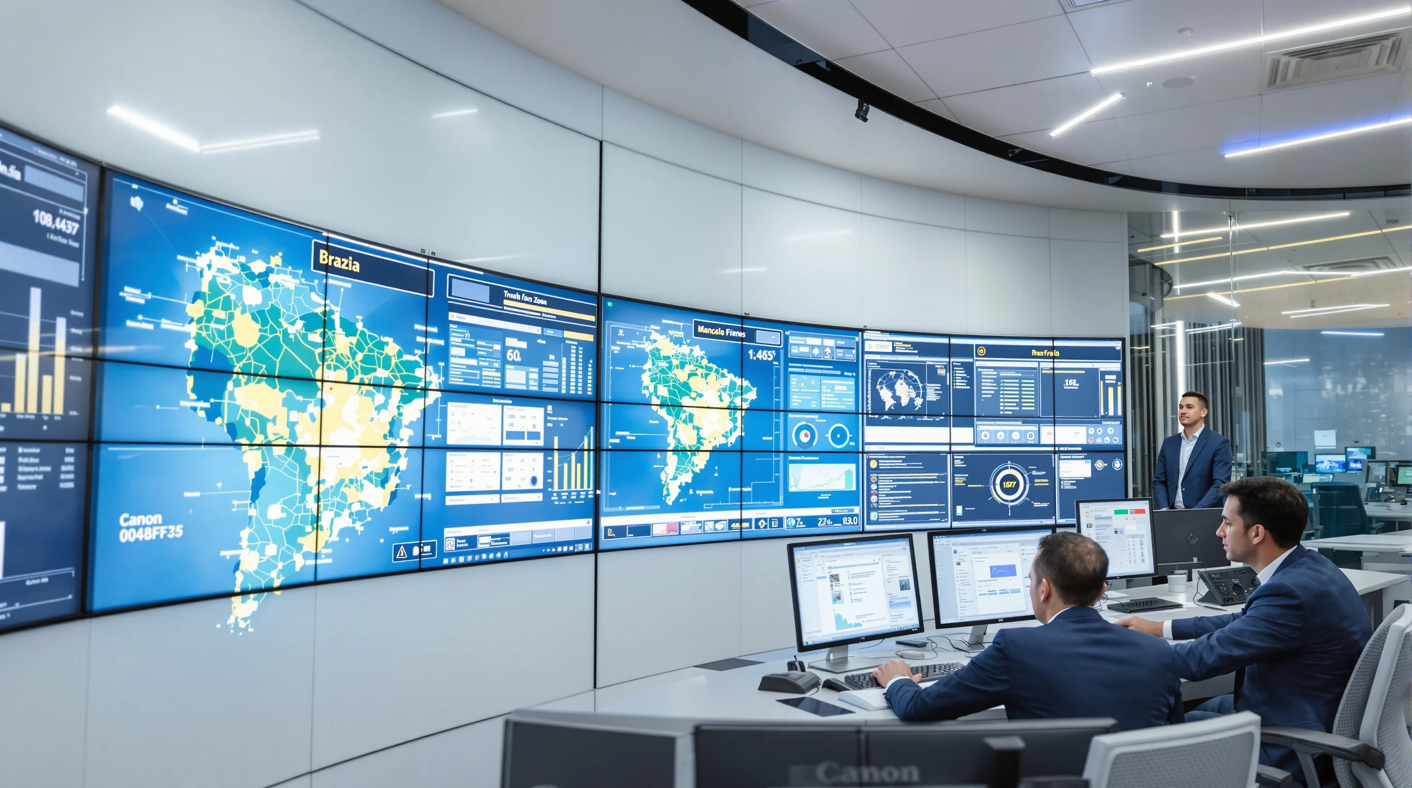 Executive security briefing room with Brazil map showing threat assessment data, security professionals analyzing regional risk factors
